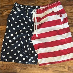 Red and White Athletic Swim Shorts with Patriotic Flair